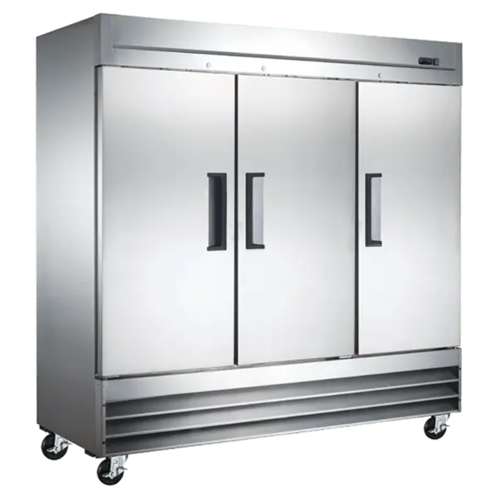 Ancaster AFE SF72 three-door reach-in commercial freezer 81-inch stainless steel reach-in freezer with three solid doors and casters