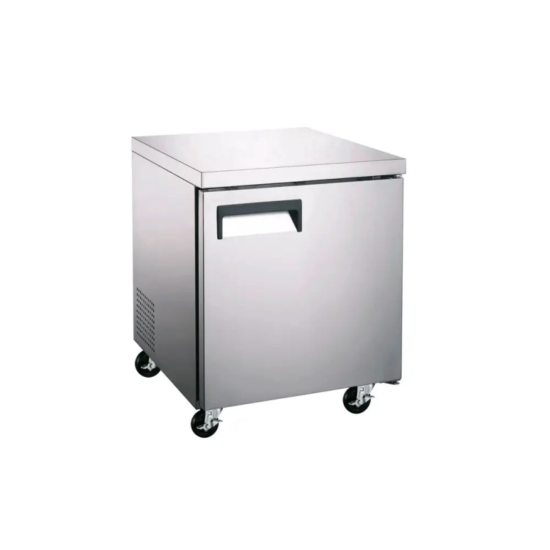 Alt Tag: Ancaster AFE UCR-27 27" Stainless Steel Commercial Undercounter Refrigerator on casters, compact undercounter cold storage unit