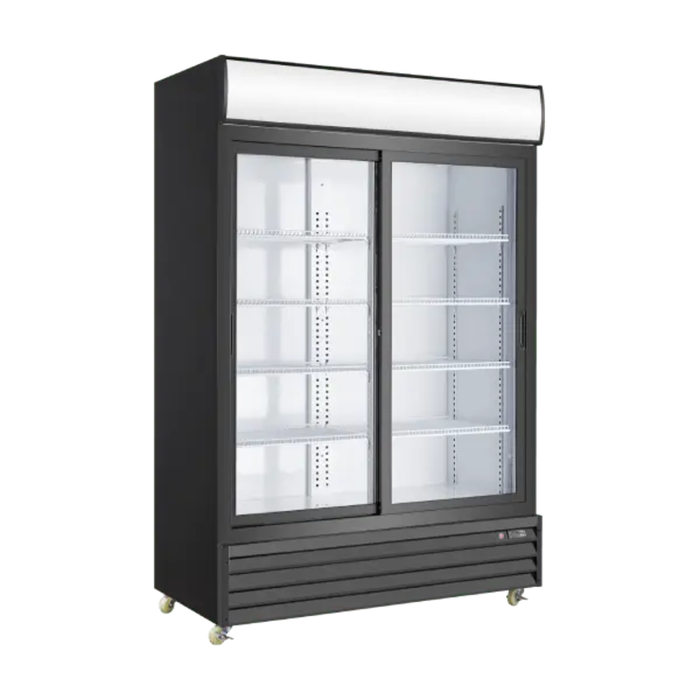 Alt Tag: 41 cu ft sliding glass door commercial merchandiser refrigerator with double glass doors, illuminated display, and adjustable shelving