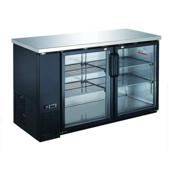Alt Tag: Ancaster Food Equipment 60.8" Two-Door Glass Back Bar Cooler with two self-closing glass doors and adjustable shelves