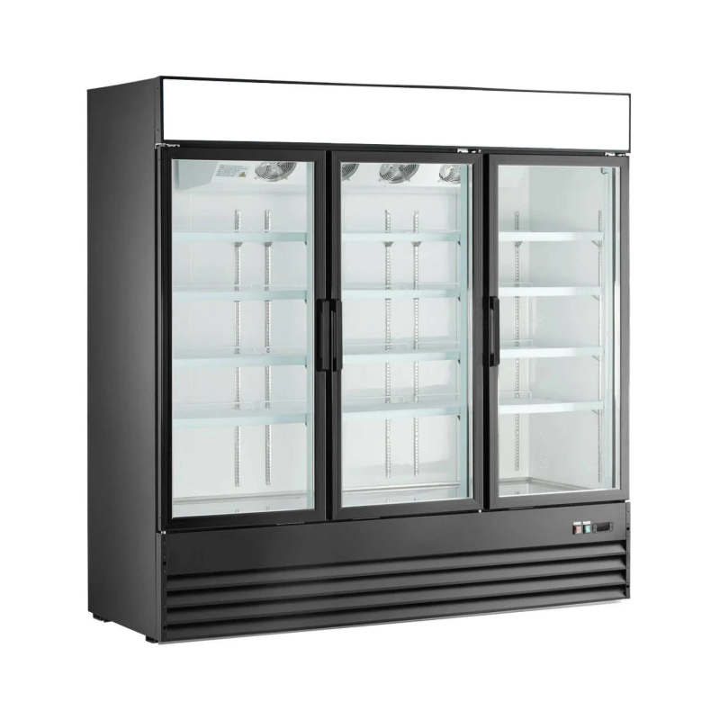 Alt Tag: Ancaster Food Equipment Swing Glass Door Merchandiser Refrigerator 60.4 Cu.Ft. three-door commercial glass display fridge