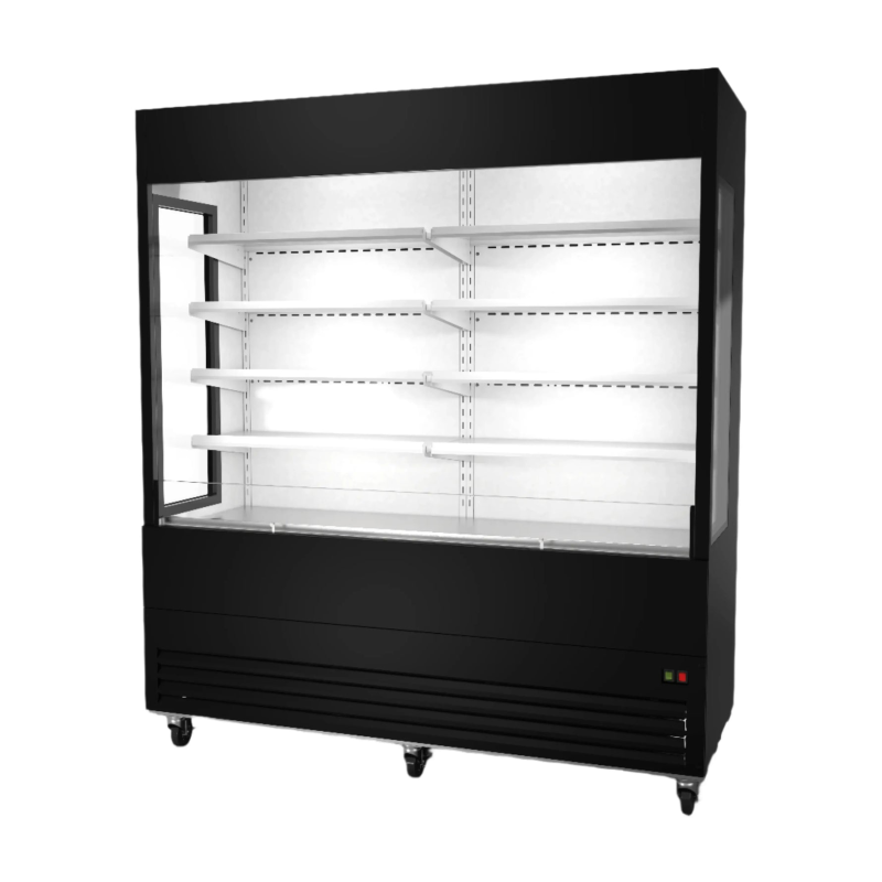 Ancaster Food Equipment 72-Inch Glass Sided Open Air Merchandiser Refrigerator open front display case with glass sides