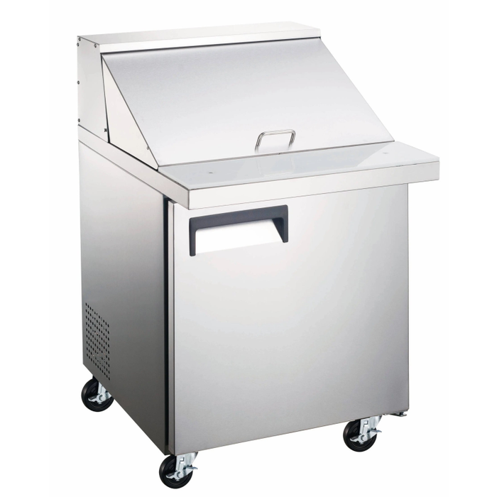 Ancaster Food Equipment 27.5-inch One-Door Refrigerated Mega Top Prep Table stainless steel commercial prep table with mega top lid on casters