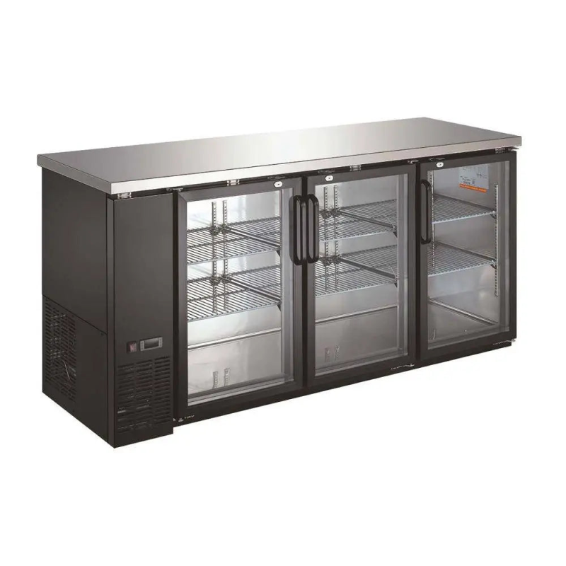 Alt Tag: Ancaster Food Equipment BBR-72G 72.8-Inch Three Glass Door Cooler back bar refrigerator with 3 glass doors and shelves