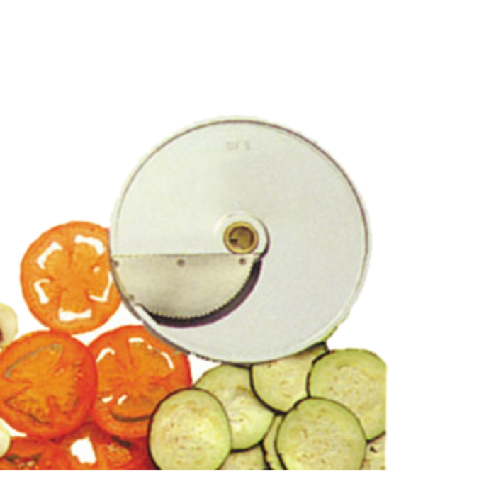 Alt Tag: Eurodib DF5 5mm slicing disc plate TM food processor accessory slicing disc with tomato and zucchini slices