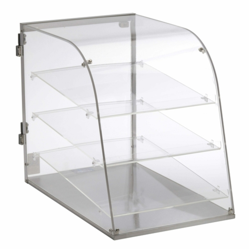 Non-Refrigerated Countertop Display Case Featuring Clear Acrylic Panels And Three Shelves For Baked Goods
