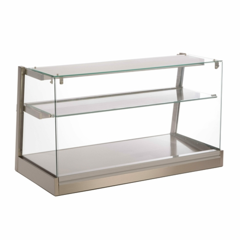 Heated Deli Display Cabinet Featuring Two-Tier Glass Shelves For Showcasing Baked Goods And Hot Sandwiches.