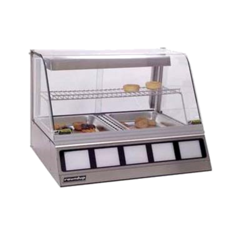 Heated Countertop Deli Display Case With Curved Glass Front And Shelves For Pastries And Baked Goods