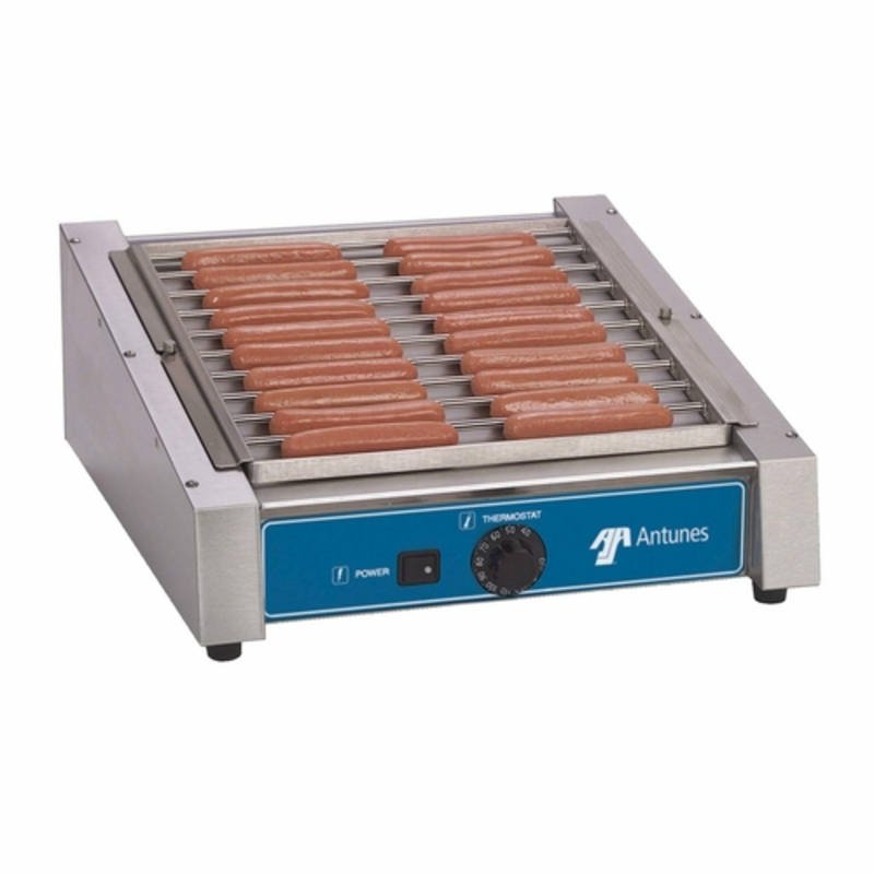 Antunes Hot Dog Grill With 20 Hot Dogs Cooking On The Slanted Grill Surface, Ideal For Foodservice Operations