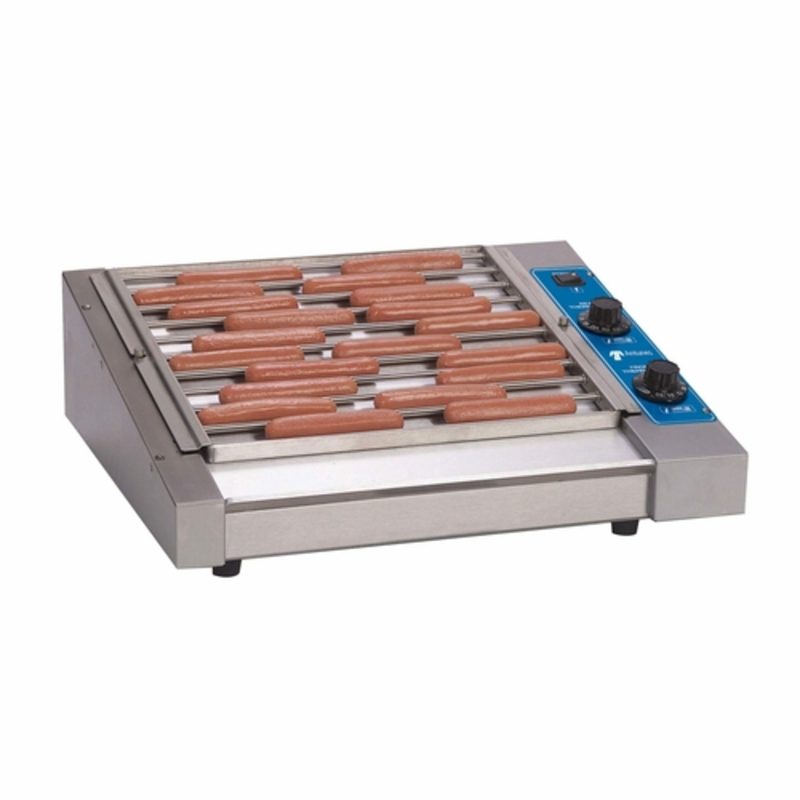 Antunes HDC-30A 30 Hot Dog Capacity Electric Grill With Juicy Hot Dogs Cooking On Slanted Grill Surface.