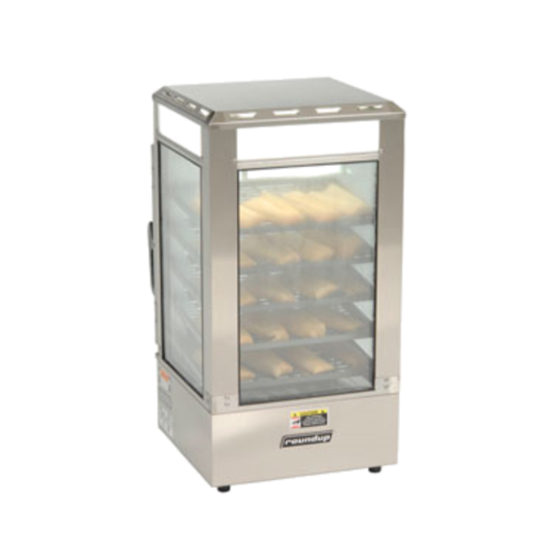 Heated Steamer Display Merchandiser Featuring A Clear Glass Front And Stainless Steel Construction Ready For Food Merchandising