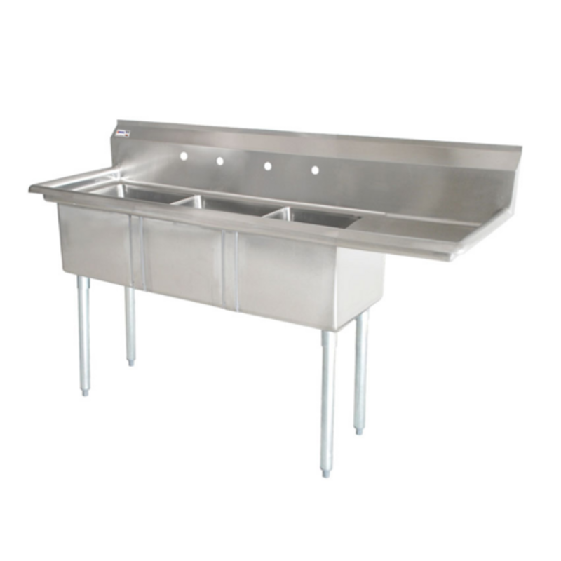 Three Compartment Stainless Steel Sink Designed For Efficient Commercial Warewashing Workflows