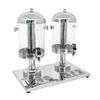Alt Tag: OMCAN 19479 16 Quart Double Ice Cooled Juice Beverage Dispenser dual clear drink dispenser with silver base and two spigots