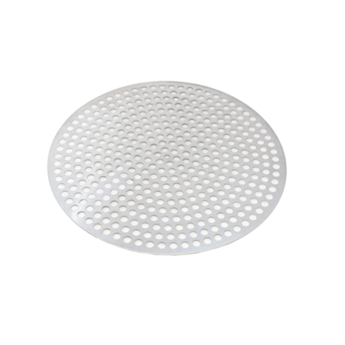 Alt Tag: Omcan 46743 16-inch Aluminium Professional Round Pizza Pan perforated round pizza screen for crispy crust baking
