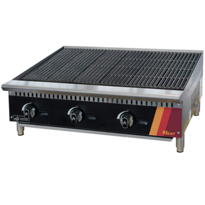 Natural Gas Countertop Charbroiler With Three Burner Controls And Grate Surface For Searing Meat And Vegetables
