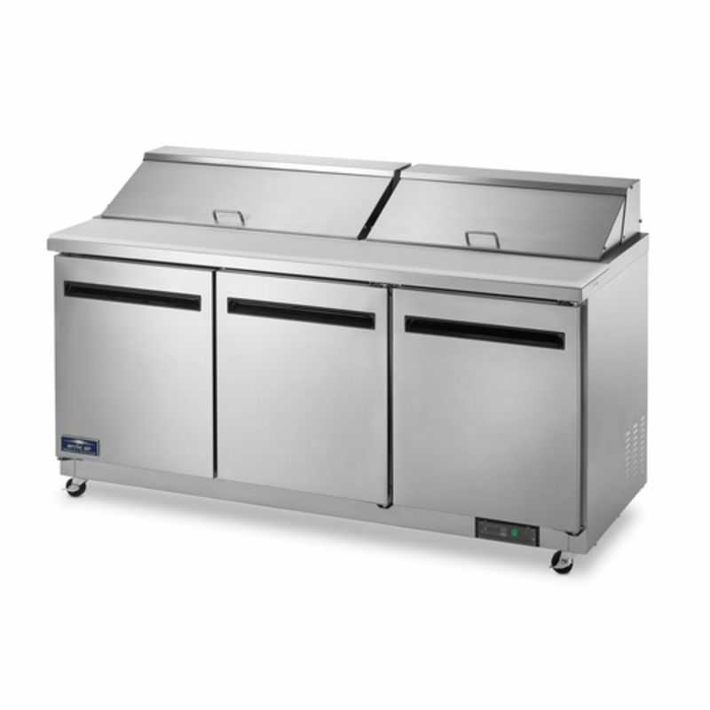 Mega-Top Sandwich Prep Table With Three Sections, Stainless Steel Construction, Ideal For Commercial Kitchens.