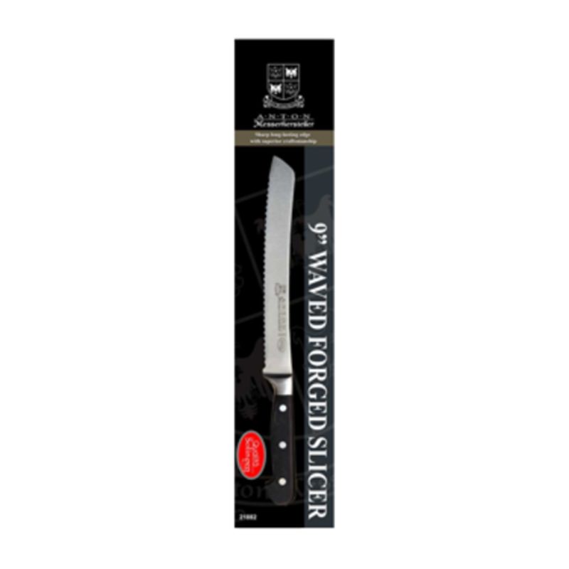 Alt Tag: OMCAN 21882 9-Inch Waved Forged Slicer Knife Premium Anton in retail packaging, 9-inch serrated stainless steel slicer knife