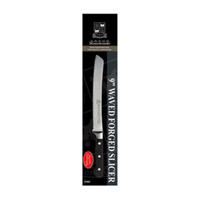 Alt Tag: OMCAN 21882 9-Inch Waved Forged Slicer Knife Premium Anton in retail packaging, 9-inch serrated stainless steel slicer knife