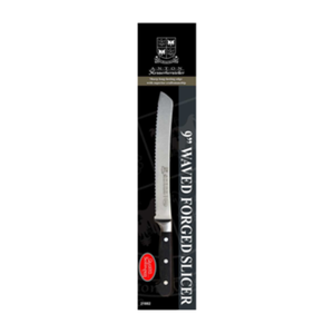 Alt Tag: OMCAN 21882 9-Inch Waved Forged Slicer Knife Premium Anton in retail packaging, 9-inch serrated stainless steel slicer knife