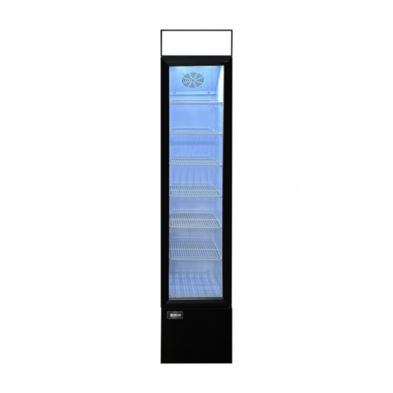 Slim Glass Door Display Refrigerator With Six Shelves And LED Lighting In A Black Finish