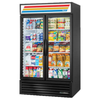 True GDM-43-HC~TSL01 47-Inch Two-Door Swing Glass Merchandiser Refrigerator Displaying Various Beverages And Food Products