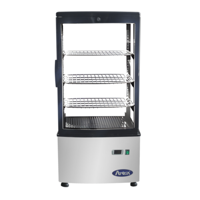 Étiquette alternative : Vitrine de produits dérivés en verre réfrigéré quatre faces de comptoir Atosa de 17 pouces avec verre à quatre faces et tablettes ajustables