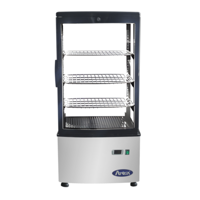 Étiquette alternative : Vitrine de produits dérivés en verre réfrigéré quatre faces de comptoir Atosa de 17 pouces avec verre à quatre faces et tablettes ajustables