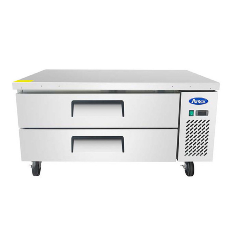Alt Tag: Atosa 48-Inch Two-Drawer Stainless Steel Refrigerated Chef Base commercial kitchen chef base with stainless top and refrigerated drawers