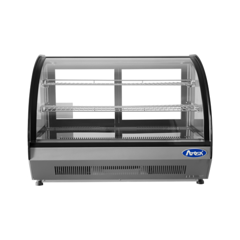 Atosa CRDC-46 35.5" Countertop Refrigerated Curved Glass Display Case with curved glass front, stainless steel body, LED-lit shelves