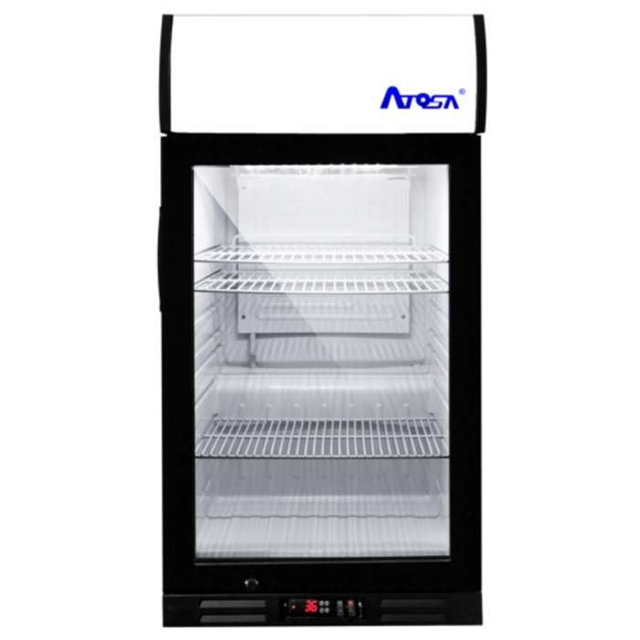Alt Tag: Atosa 18.13 Inch Countertop Glass Door Merchandiser Refrigerator with glass door display and wire shelves, compact countertop cooler