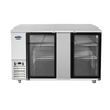 Alt Tag: Atosa 68-Inch Two-Door Glass Back Bar Cooler Refrigerator with stainless steel cabinet, two glass doors, and adjustable shelves