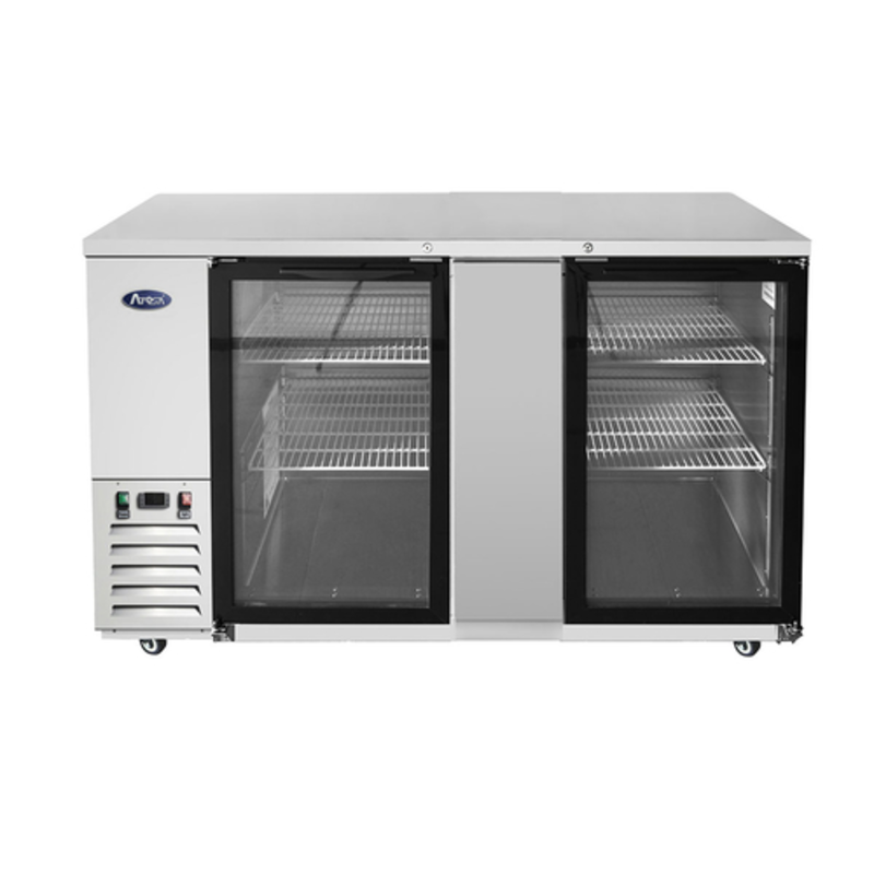 Alt Tag: Atosa 68-Inch Two-Door Glass Back Bar Cooler Refrigerator with stainless steel cabinet, two glass doors, and adjustable shelves
