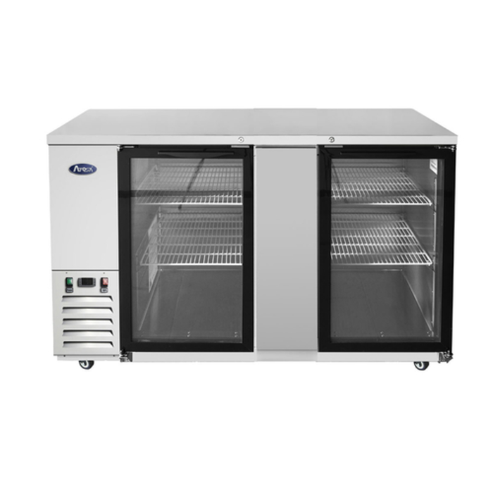 Alt Tag: Atosa 68-Inch Two-Door Glass Back Bar Cooler Refrigerator with stainless steel cabinet, two glass doors, and adjustable shelves