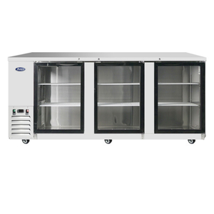 Alt Tag: Atosa MBB90GGR 89.3-Inch Three Door Refrigerated Back Bar Cooler stainless steel commercial back bar cooler with three glass doors