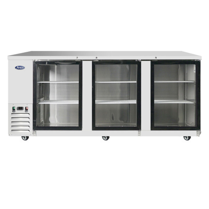 Alt Tag: Atosa MBB90GGR 89.3-Inch Three Door Refrigerated Back Bar Cooler stainless steel commercial back bar cooler with three glass doors