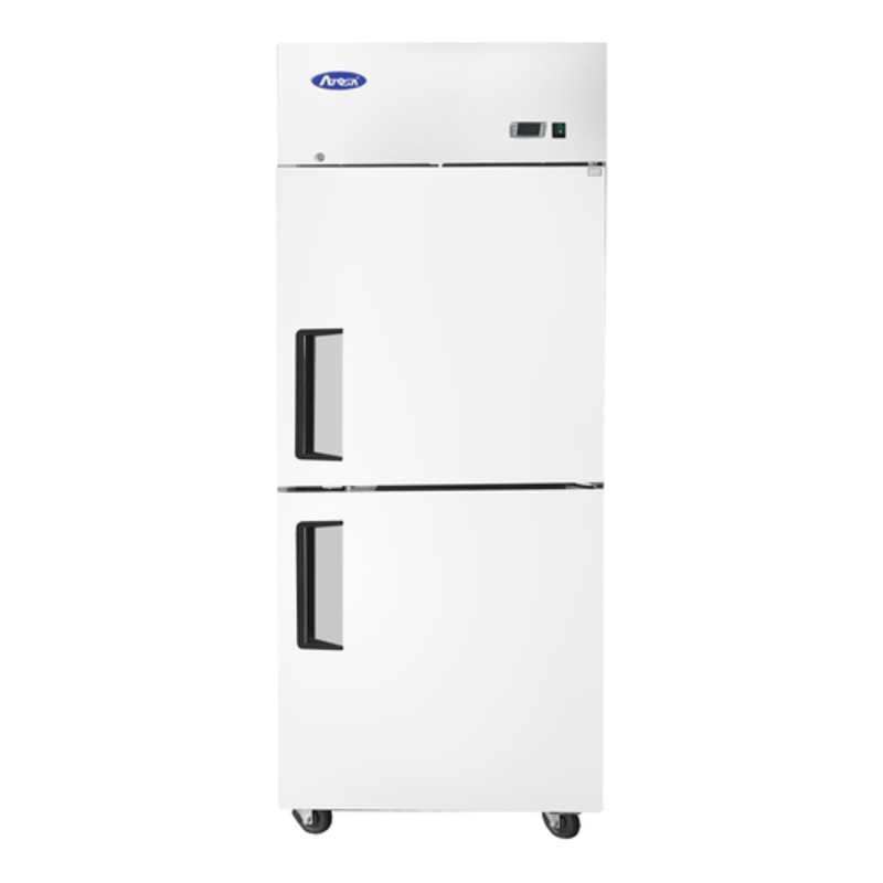 Alt Tag: Atosa 28.75" Two-Door Top Mount Commercial Reach-In Refrigerator stainless steel top-mount commercial fridge with two doors