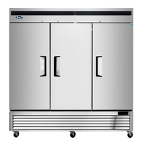 Alt Tag: Atosa 81.9-inch Three Door Bottom Mount Reach-In Refrigerator stainless steel 3-door commercial reach-in fridge, bottom compressor