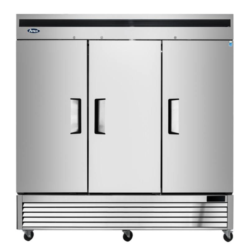 Alt Tag: Atosa 81.9-inch Three Door Bottom Mount Reach-In Refrigerator stainless steel 3-door commercial reach-in fridge, bottom compressor