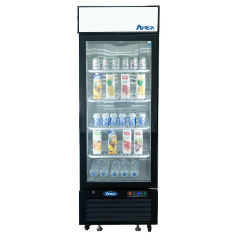 Atosa MCF8725GR Glass Door Refrigerator Merchandiser Displaying Beverages And Salads In A Modern Showcase.