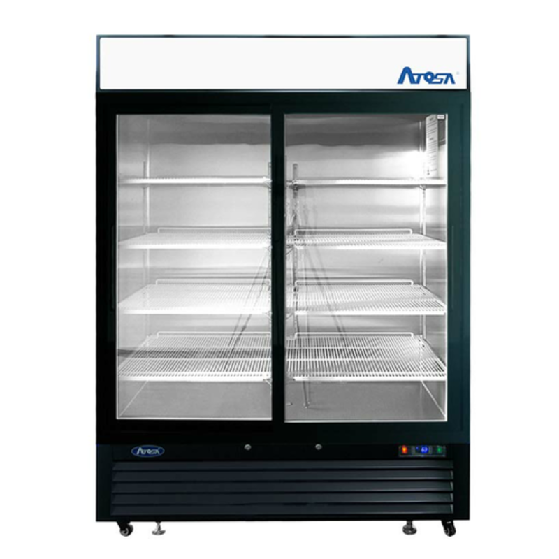 Alt Tag: Atosa 54-Inch Black Exterior Two Sliding Glass Door Merchandiser Refrigerator with two sliding glass doors and adjustable wire shelves
