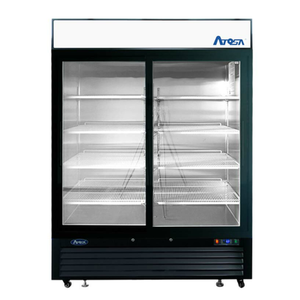 Alt Tag: Atosa 54-Inch Black Exterior Two Sliding Glass Door Merchandiser Refrigerator with two sliding glass doors and adjustable wire shelves