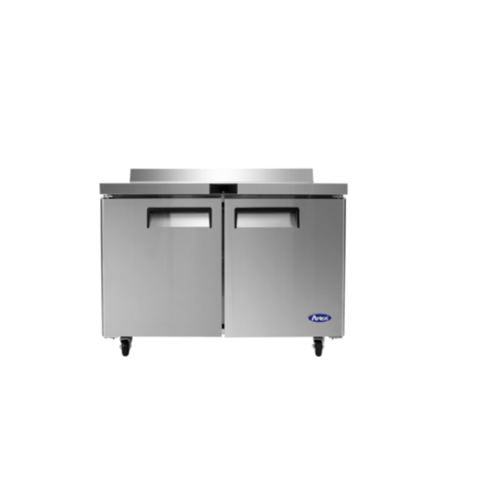 Alt Tag: Atosa MGF8413GR 48-Inch Worktop Freezer Counter with Backsplash stainless steel 2-door commercial freezer counter with casters