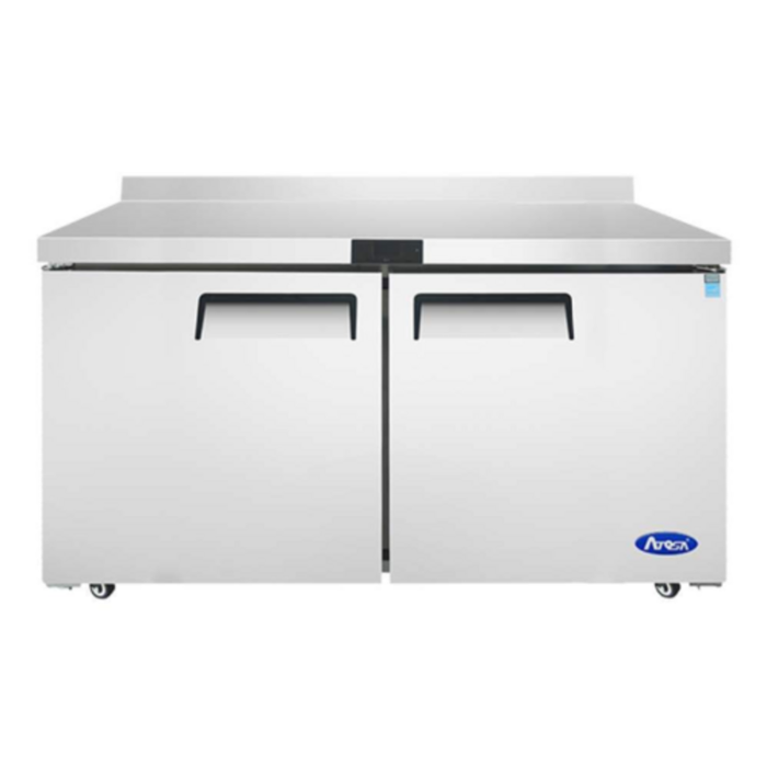 Alt Tag: Atosa MGF8414GR 60 inch Work Top Freezer Counter with Backsplash stainless steel 2-door commercial freezer with backsplash