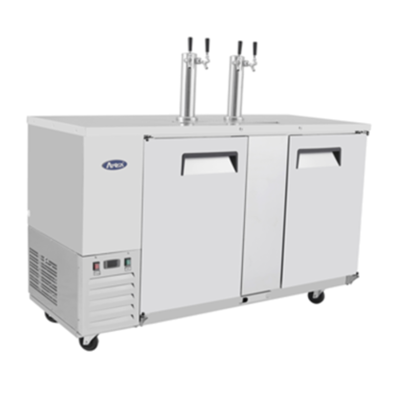 Alt Tag: Atosa 68" Two-Door Direct Draw Keg Cooler Beer Dispenser stainless steel 2-tap commercial draft beer dispenser on casters