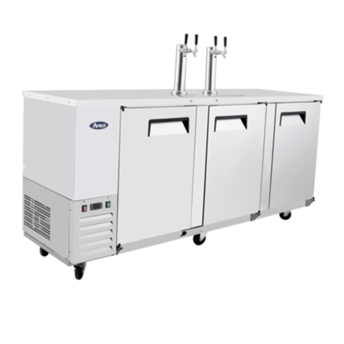 Atosa 89.3 Inch Three Solid Door Direct Draw Beer Cooler stainless steel commercial 3-door keg cooler with dual tap towers
