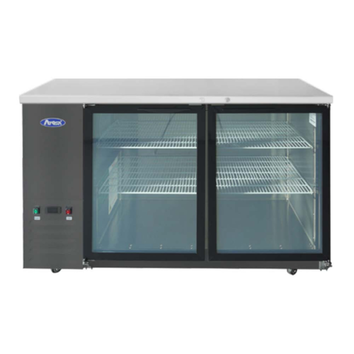 Alt Tag: Atosa SBB59GGRAUS2 57.75" Shallow Depth Glass Door Refrigerator back bar cooler with dual glass doors, black exterior, stainless interior