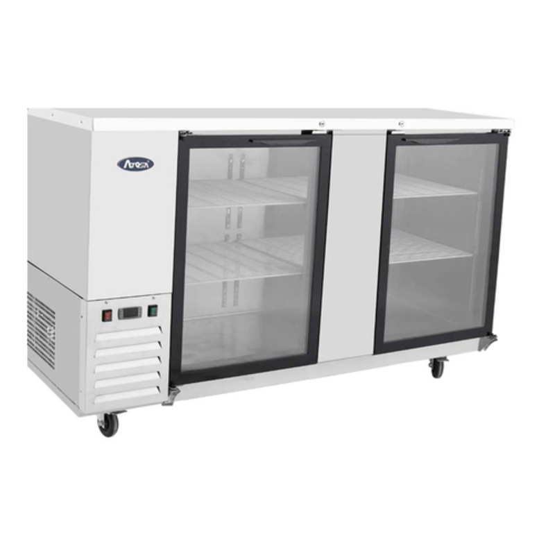 Alt Tag: Atosa SBB69GGRAUS1 68-inch Glass Door Back Bar Cooler Refrigerator with two swinging glass doors and stainless steel exterior