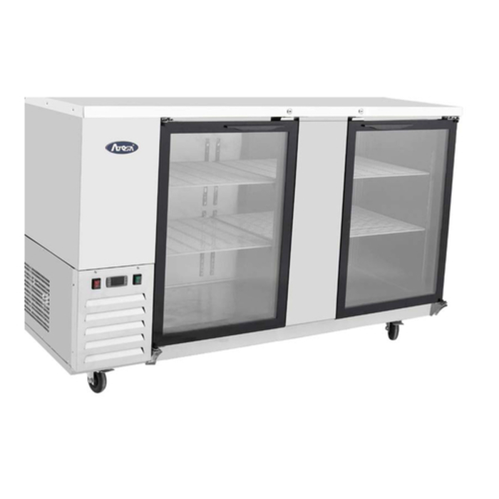 Alt Tag: Atosa SBB69GGRAUS1 68-inch Glass Door Back Bar Cooler Refrigerator with two swinging glass doors and stainless steel exterior