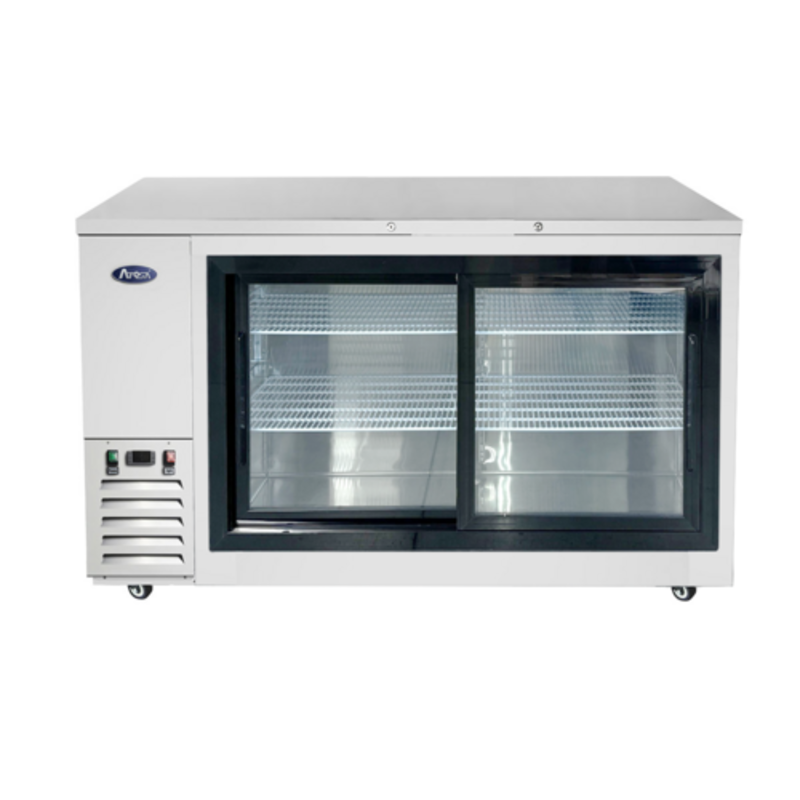 Alt Tag: Atosa 68" Shallow Depth Two Sliding Glass Door Back Bar Cooler stainless steel back bar fridge with dual sliding glass doors