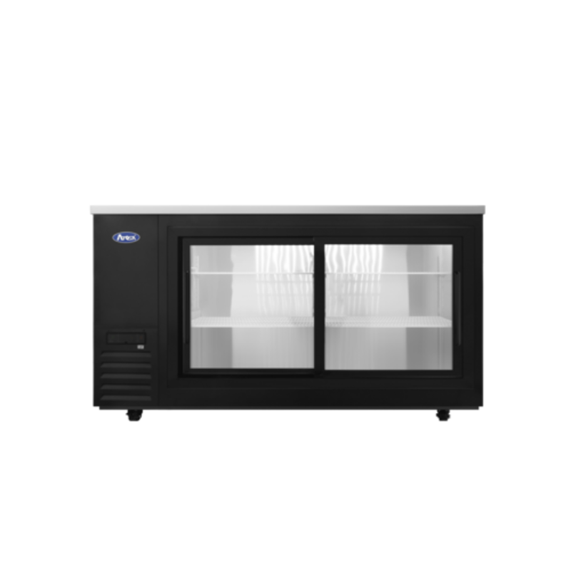 Atosa SBB69SGGRAUS2 68-Inch Shallow Depth Glass Door Back Bar Cooler black cabinet with sliding glass doors